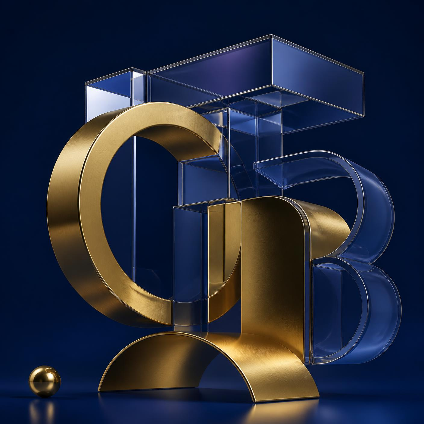 Abstract premium 3D composition of gold, royal blue and glass OTB forms